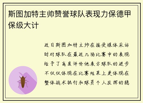 斯图加特主帅赞誉球队表现力保德甲保级大计