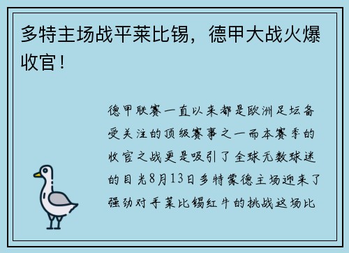 多特主场战平莱比锡，德甲大战火爆收官！