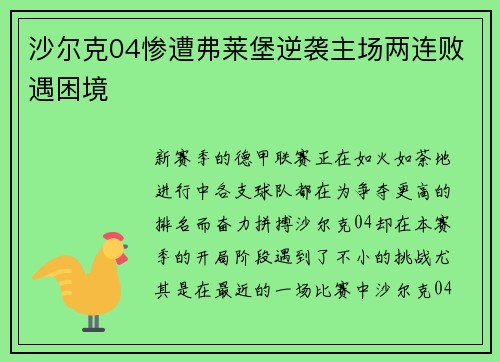 沙尔克04惨遭弗莱堡逆袭主场两连败遇困境