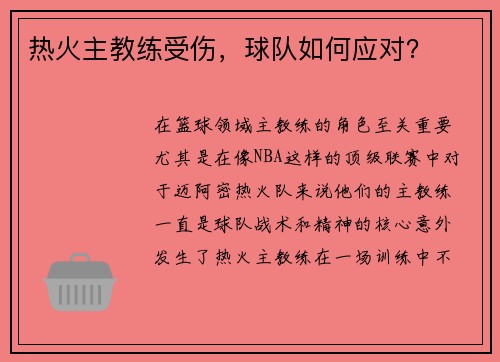热火主教练受伤，球队如何应对？