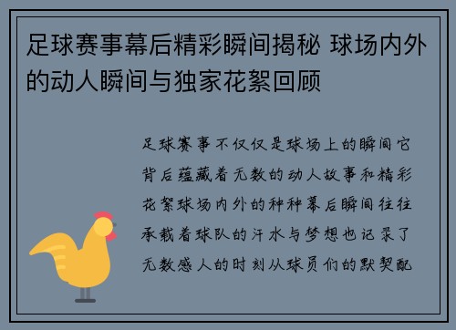 足球赛事幕后精彩瞬间揭秘 球场内外的动人瞬间与独家花絮回顾